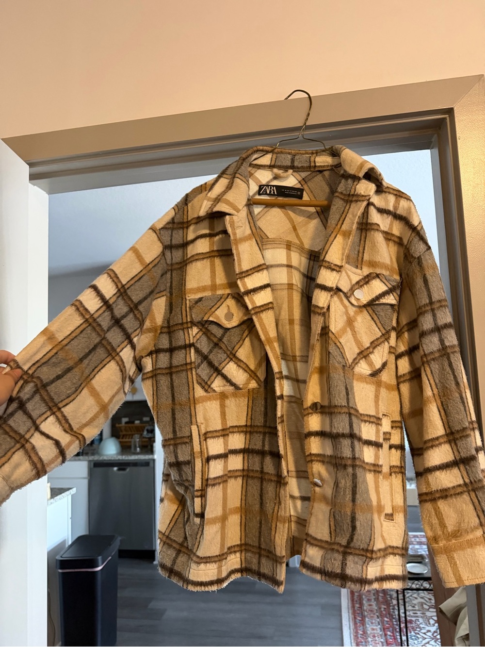 Zara Cream, Beige & Brown Plaid Button-Front Shirt Jacket